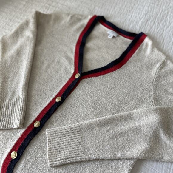 Crown & Ivy Ivory Sweater Long Sleeve Red/Navy Stripe w Gold Buttons Women’s XL - Picture 1 of 5